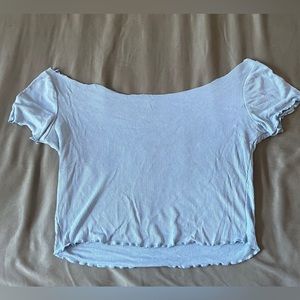 Light Baby Blue Cropped Cut Out Neck Tee w/ Frilled Edges